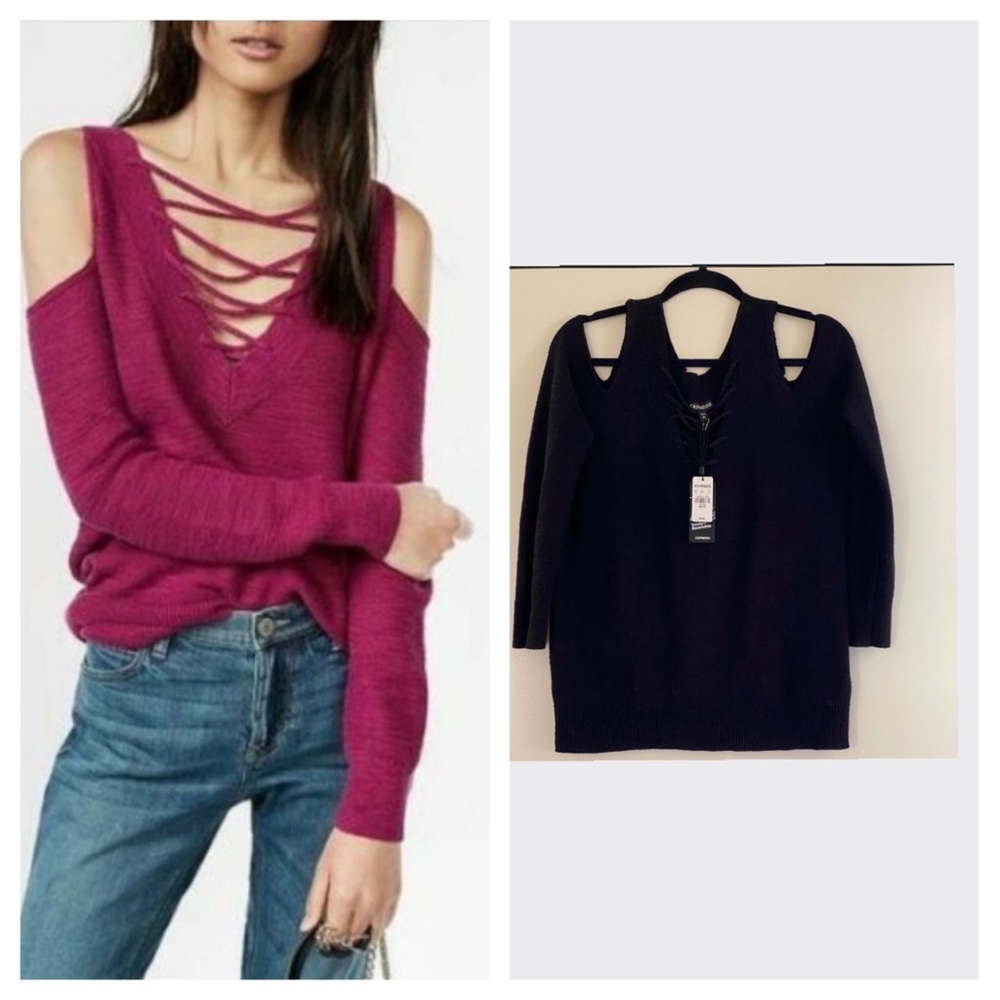 Express Reversible Lace Up/Cold Shoulder Sweater in BLACK